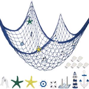 Decorative Fishnet Nautical Fishing Net Wall Hanging Decor, 8 Pieces Starfish, Sailboat, Lighthouse, Life Ring, Rudder, with Transparent Hook for Mermaid Mediterranean Party (Blue)