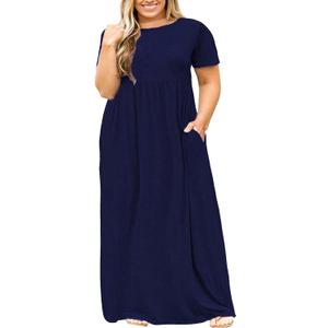 Nemidor Plus Size Maxi Dresses for Curvy Women Summer Casual Loose Short Sleeve Long Beach Dress with Pocket (Navy)