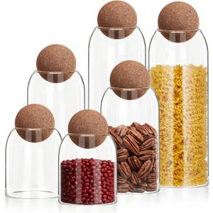Suclain 6 Pcs Glass Jars with Cork Ball Lid Farmhouse Kitchen Canisters Coffee Bar Countertop Container Rustic Storage Jars for Bean Nut Sugar Coffee Tea Organizer Housewarming Gift (40/25/17oz)