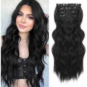 NAYOO Clip in Curly Hair Extensions 4PCS Long Wavy Synthetic Thick Hairpieces with Fiber Double Weft for Women Hair Full Head (24 Inch, Black)