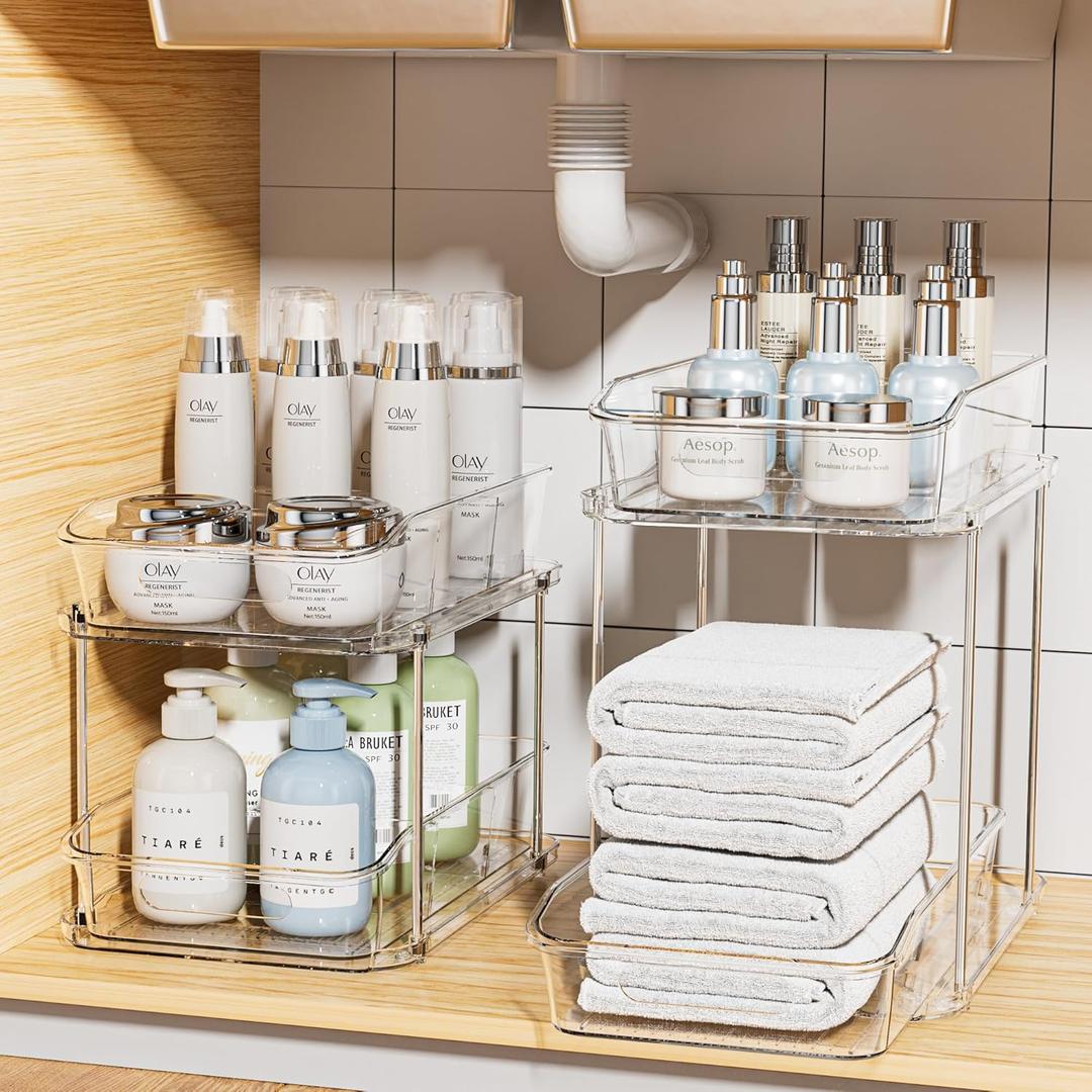 Delamu 2 Sets of 2-Tier Clear Under Sink Organizers and Storage, Multi-Purpose Stackable Bathroom Cabinet organizers, Pull Out Kitchen Pantry Organization and Storage with Dividers