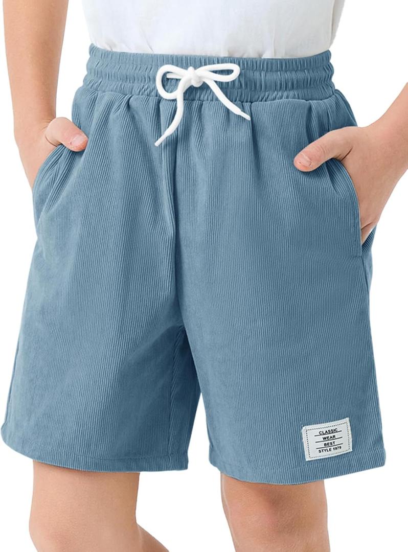 Haloumoning Boys Corduroy Shorts Kids Casual Elastic Waist Drawstring Summer Shorts with Pockets 5-14 Years (11-12 Years, Blue)