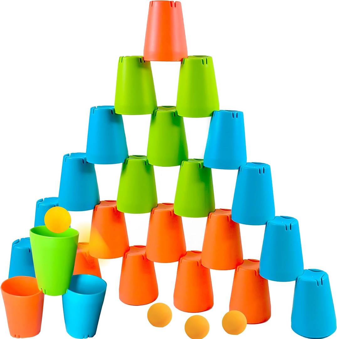 3-in-1 Cup Stacking Set; Toddler to Young Kids Quick Stacking Cups Game; Montessori Stackable Cups to Develop Hand-Eye Coordination, Motor Skills and Creative Play; Stack Cups and Ball Game; Ages 3+, 1 inches x 1.02 inches