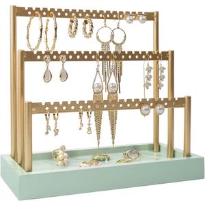 SANY DAYO HOME 3-Tier Earring Holder Organizer Stand, 105 Holes Gold Metal Earring Rack Jewelry Display Tree with Sage Green Wood Tray for Women and Girls