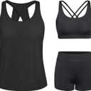 Tempt Me Black 3 Piece Tankini Swimsuits for Women Athletic Bathing Suits Swim Tank Top with Boy Shorts and Bra Modest Swimwear, M