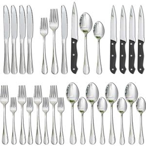Astercook Silverware Set with Steak Knives 24-Piece Flatware Set for 4 Food-Grade Stainless Steel Cutlery Set Mirror Polished Utensils Set Include Spoons and Forks for Home Gifts for Women