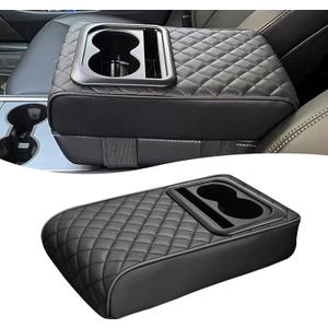 Car Center Console Cover, Leather Car Armrest Cover with Cup Holder, Phone Slot, Waterproof Arm Rest Protector Cushion Automotive Accessories (Black) (1 PC)