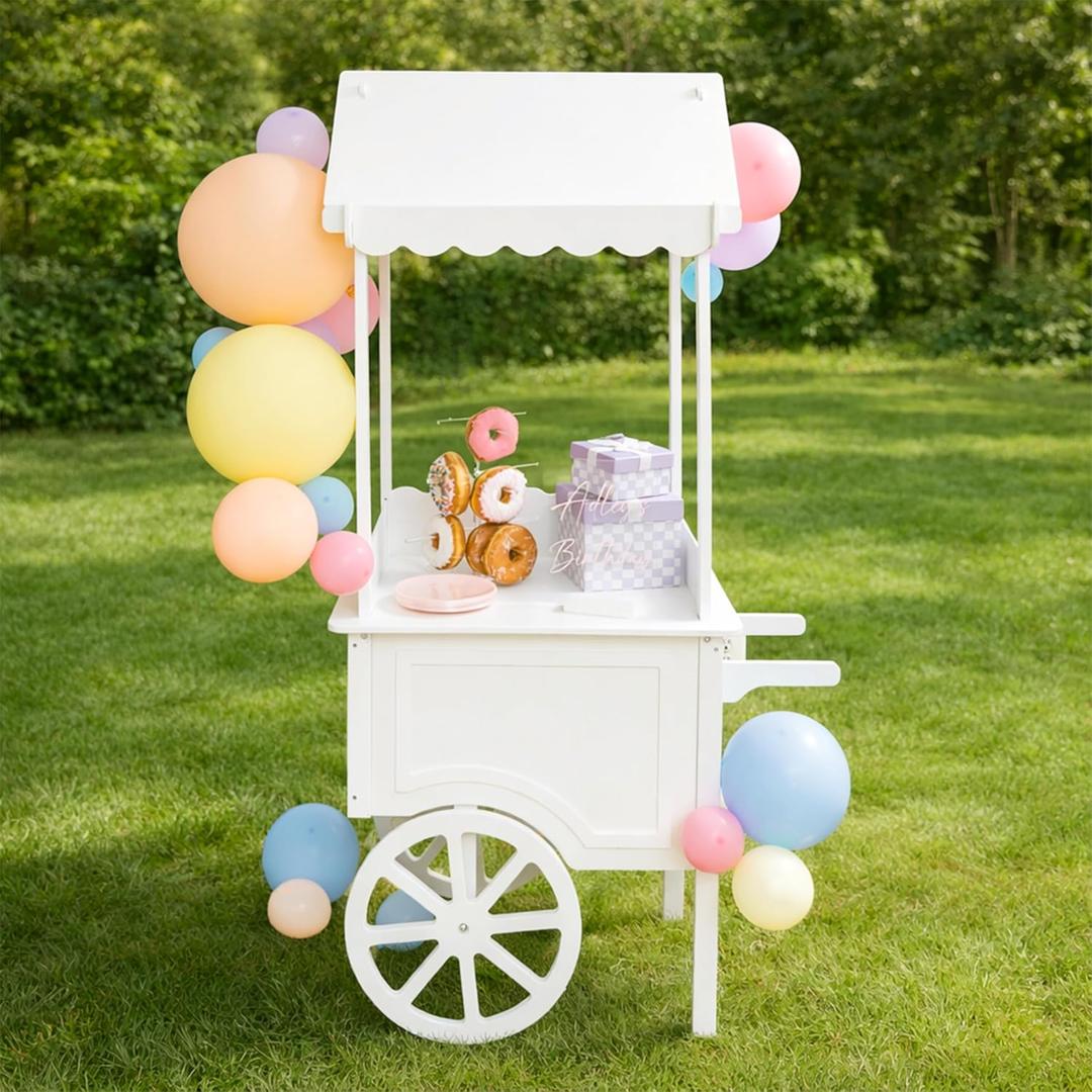 Ilyapa Candy Cart for Party with Wheels for Events - 5'6 Ft Tall, 2'11 Ft Long Wooden Dessert Cart for Candy Display, Treats, and Ice Cream for Events, 34.9 X 20 X 65.9 Inches