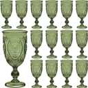 24 Pcs Plastic Goblets 7.5oz Vintage Goblet Plastic Wine Glasses Colored Retro Embossed Water Goblets for Wine Bar Juice Baby Shower Wedding Reception Grand Event Party (Olive Green)