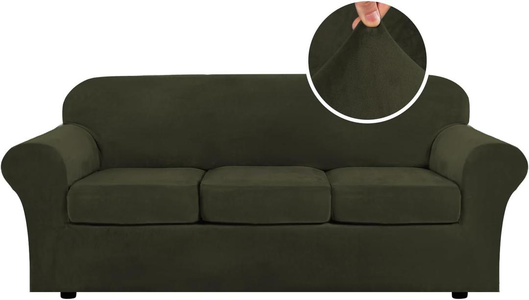 H.VERSAILTEX Modern Velvet Plush 4 Piece High Stretch Sofa Slipcover Sofa Cover Furniture Protector Form Fit Thick Velvet Sofa Cover for 3 Cushion Couch Width Up to 90 Inch (Sofa, Olive)