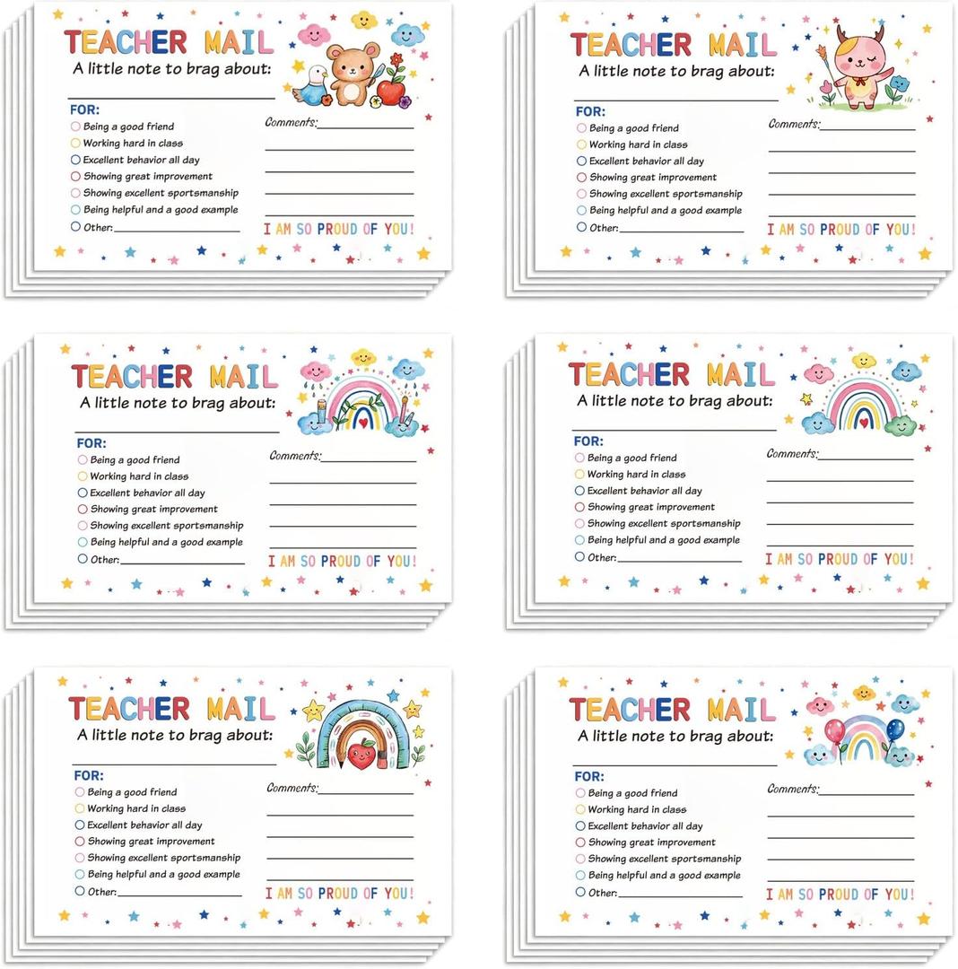 4 x Teacher Mail Notes to Parents, 60Pcs, 4x6 Inch, 6 Designs | Happy Mail from Teacher, Brag Cards for Student Behavior, Motivational Postcards, Preschool Kindergarten Elementary