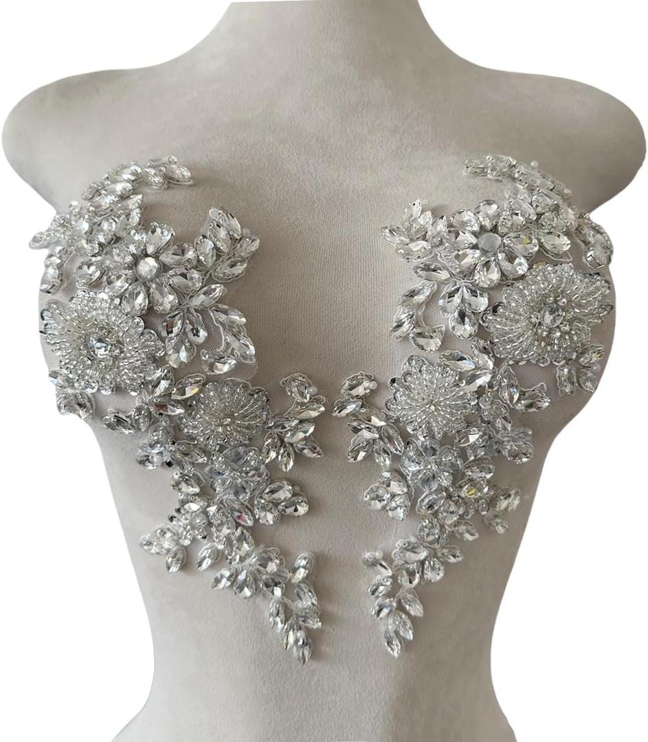 Handmade Shining Rhinestones lace Applique Patches Sewing Beads Sequins Stone Trim Accessories for Wedding Dress 1 Pair/Bag 11X4.3inches (Silver)