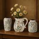 Vintage Green and Beige Vase with Handel,Retro Ice Cracked Ceramic Vases,Rustic Large Chinoiserie Floral Pitcher Vases for Living Room Bookshelf Home Office Dcor 8.2" (GB-03)