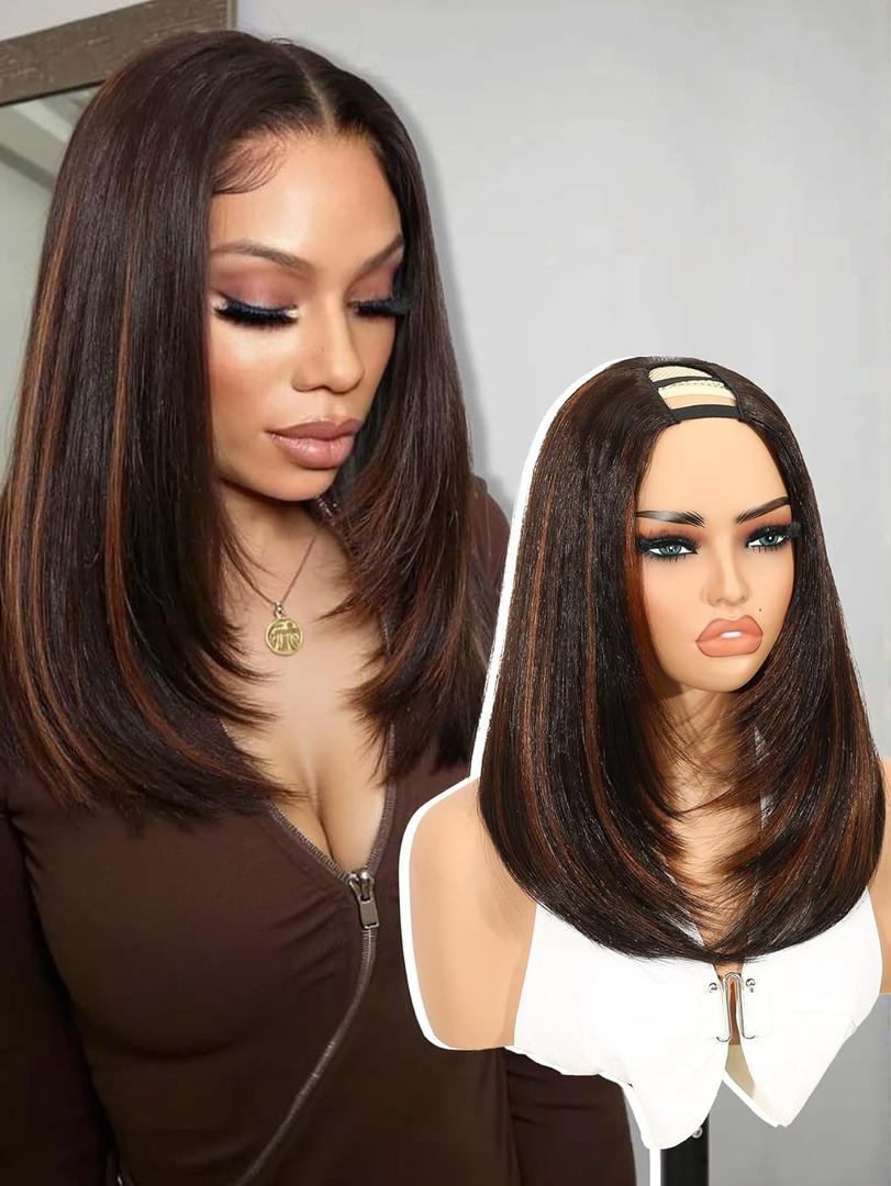Quantum Love Yaki Straight Layered Bob U Part Wig V Part Highlight Brown Glueless Clip in Half Wigs for Women Realistic Natural Looking Heat Resistant Synthetic Hair(14inch,Highlight Brown)