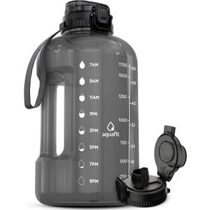 AQUAFIT Half Gallon Water Bottle with Time Marker - Straw & Chug Lid - BPA Free Gym Water Bottle with Straw - Big Gallon Jug (Charcoal, 64 oz - 2in1 Lid)