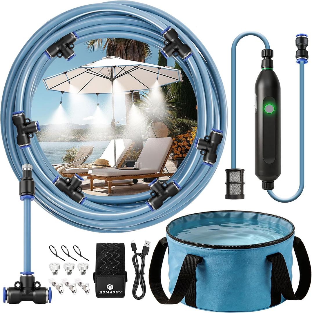 Portable Misting System for Outdoor Cooling, 23 FT Misters for Outside Patio with Rechargeable Pump, 30L Water Bag, 6 Adjustable Nozzles for Tent, Canopy, Backyard, Umbrella and Camping