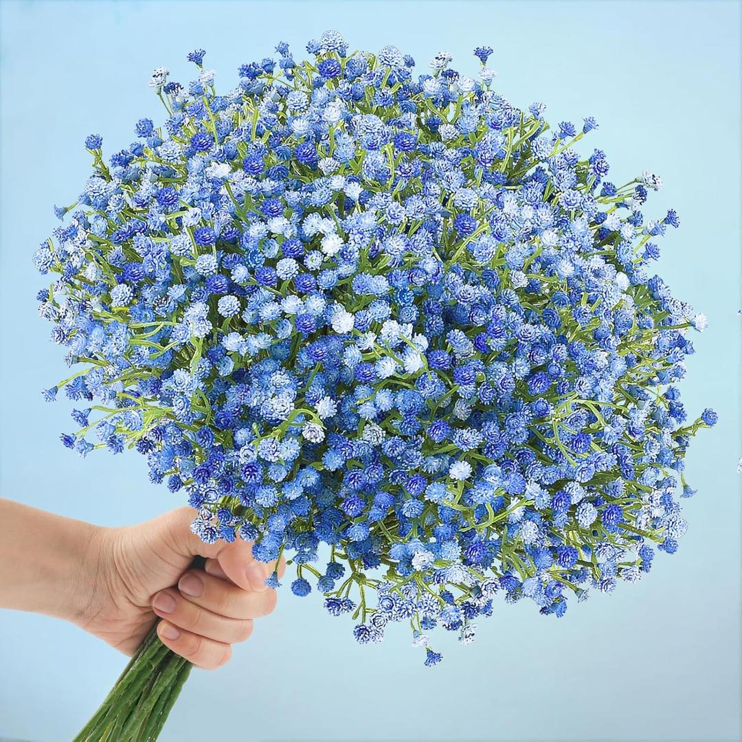 N&T NIETING Babys Breath Artificial Flowers Bulk, 10Pcs Blue Fake Gypsophila Bouquet Flowers Real Touch Faux Babies Breath Arrangement for Wedding Floral Party Home Centerpieces Vase Decoration, Blue