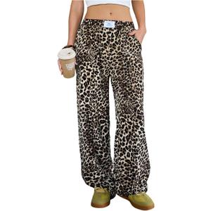 RoseSeek Girl's Leopard Pants Patched Straight Leg Linen Baggy Pants Elastic Waist Casual Beach Summer Pants (Brown)
