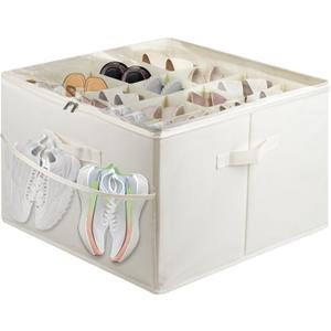 Fabric Shoe Bins with Side Mesh Pocket, Foldable Shoe Storage Organizer Box with Adjustable Dividers Clear Cover Handles Zippers, Stackable Storage Container Box for Closet, Max 16 Pairs, Beige