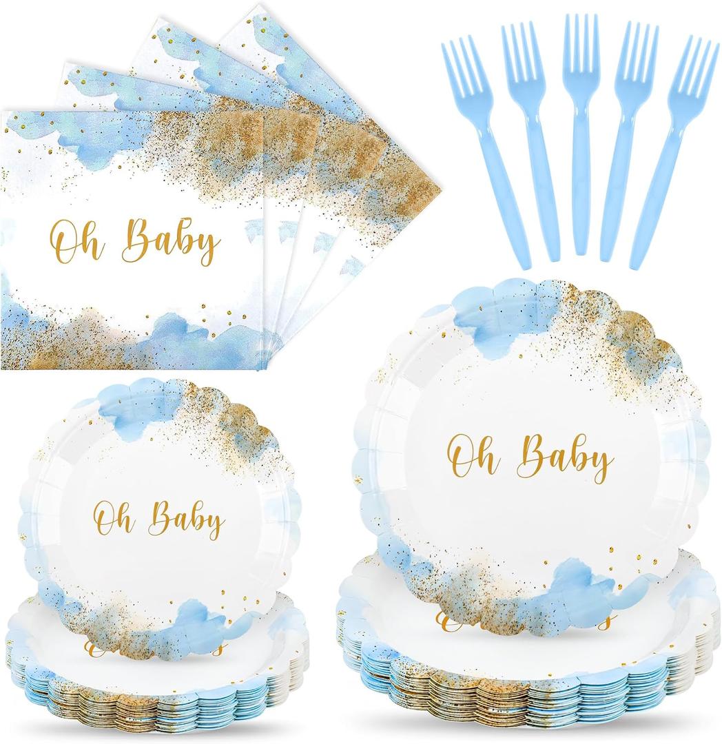 96 PCS Baby Shower Plates and Napkin Set -Serve 24, Oh Baby Boy Shower Tableware Set Includes Blue Baby shower Paper Plates Napkins & Forks for Boy Birthday Party