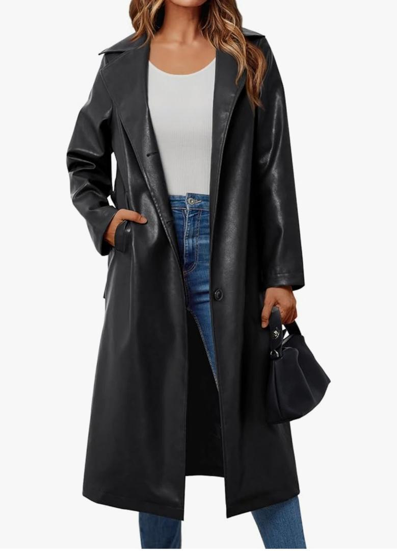 Trendy Queen Womens Long Leather Jackets Trench Coat Blazer Lapel Faux Open Front with Belt L