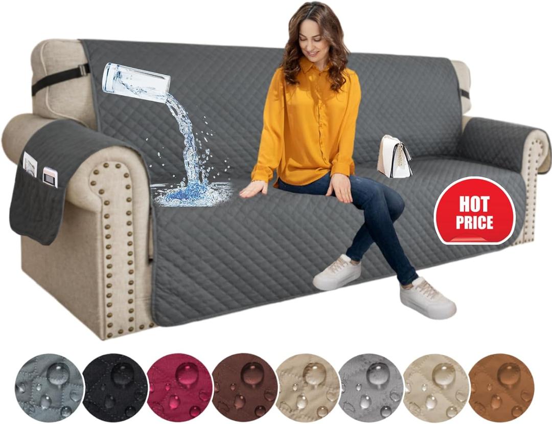 XINEAGE Quilted Sofa Cover Waterproof Couch Covers for 3 Cushion Couch, Super Soft Washable Slipcover with Pockets & Non-Slip Elastic Straps, Thick Furniture Protector (Sofa, Dark Grey) (Sofa 69"W, Dark Gray)