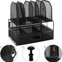 Amazon Basics Mesh Desk Organizer with Sliding Drawer, Double Tray and 5 Upright Sections, File Holder for Office Supplies, Paper Letter Tray, Black