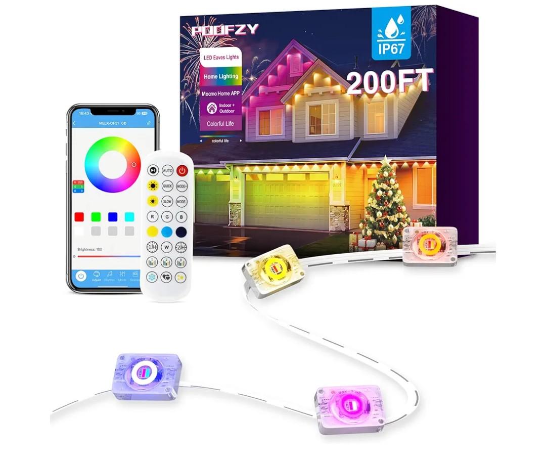 POOFZY Permanent Outdoor Lights for House,200ft RGB+IC Smart Outdoor Decor, 50 Scene Modes,App/Remote Control,for Christmas,Easter,V-Day,Thanksgiving,Daily & Holiday Party Decor