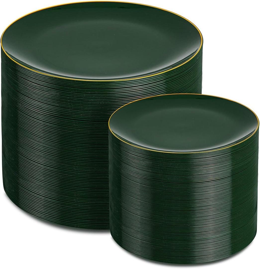 PULOTE 200PCS Green Plastic Plates - Heavy Duty Green Disposable Include 100 Each (10 inch Dinner & 7 inch Dessert) Plates for Christmas Party