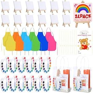 AmazingSpark 24 Set Valentine's Day Watercolor Paint Set Valentines Gift Painting Bulk with Easel, Canvas, 12 Colors Watercolor Palette Brush, Bag, Card, Apron for Party Supply (Classic Color)
