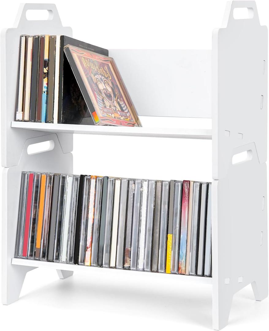 2 Pack Stackable CD Holder Organizer Rack, CD Storage Tower Shelf | Holds up to 56 CD Cases, Jewel Case Display Stand Fit for Theatre Room (White)