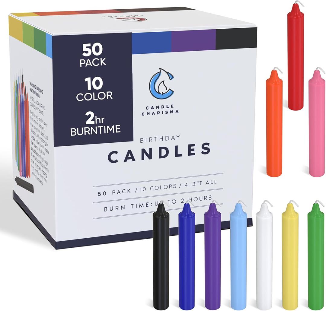 Candle Charisma 50 Multi-Colored Spell Candles - 4" Unscented Paraffin Chime Candles, Smokeless & Dripless, Colored Candles, 2 Hours Burn Time 1/2 Inch Taper Candles for Rituals,Birthdays and Parties