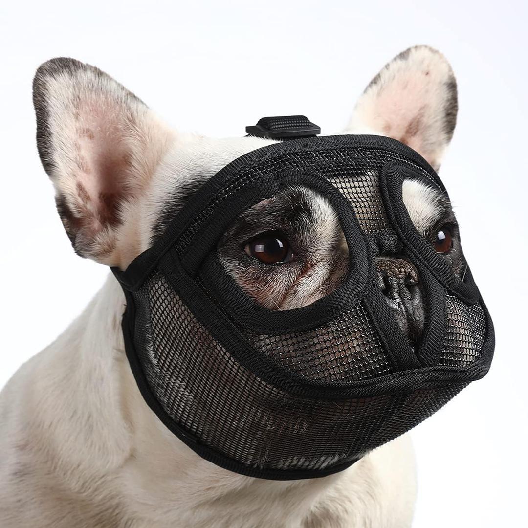BARKLESS Short Snout Dog Muzzle, Breathable Mesh Flat Faced Muzzle for French Bulldog Shih Tzu and Pug, Mask Bulldog Mouth Cover for Biting Chewing Licking (Black, XS)