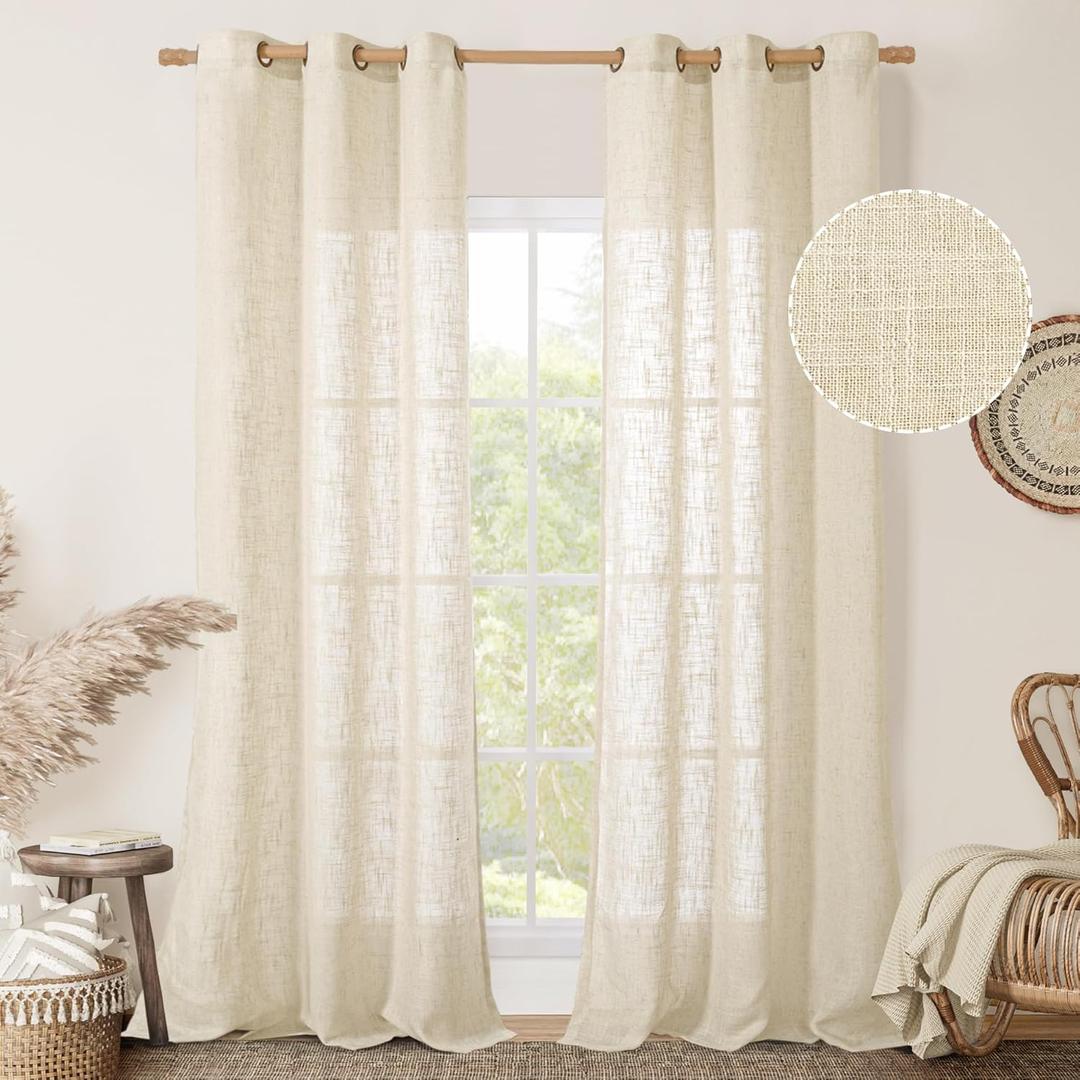 LAMIT Beige Linen Curtains for Living Room 2 Panels Set, 84 Inch Linen Textured Light Filtering Drapes Bronze Grommet Boho Panels for Farmhouse/Bedroom/Porch, 38 x 84 Inch