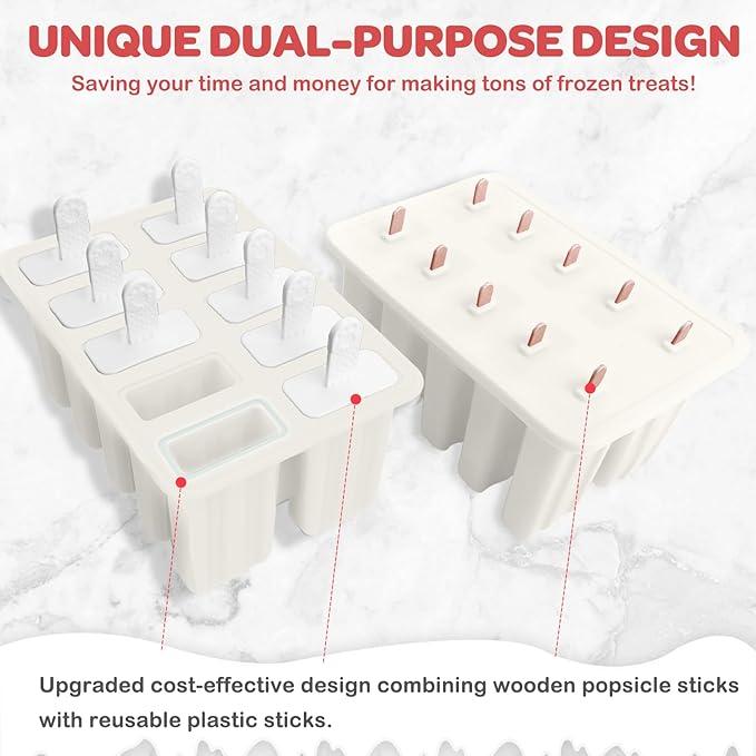 Miaowoof Homemade Popsicle Molds, 10-Cav Non-BPA Silicone Ice Pop Maker, with 50 Sticks, 50 Bags, 10 Reusable Sticks, Funnel, Brush and Ice Pop Recipe (White)