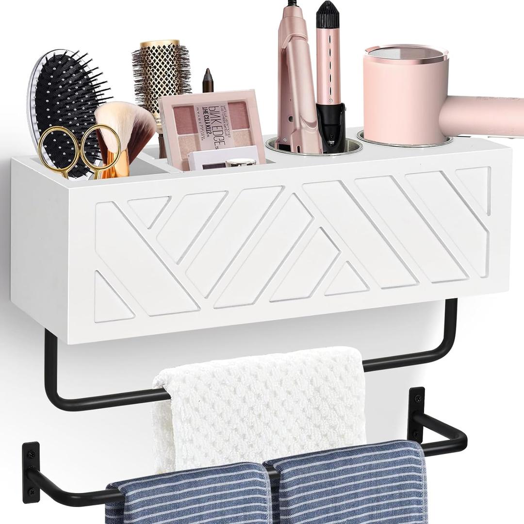 Hair Tool Organizer Wall Mount, Hair Dryer Holder with 2 Towel Bars, Wood Hot Tools Organizer, Rustic Bathroom Organizer Blow Dryer Holder for Bathroom Decor, Flat Iron, Curling Wand, Brushes(White)