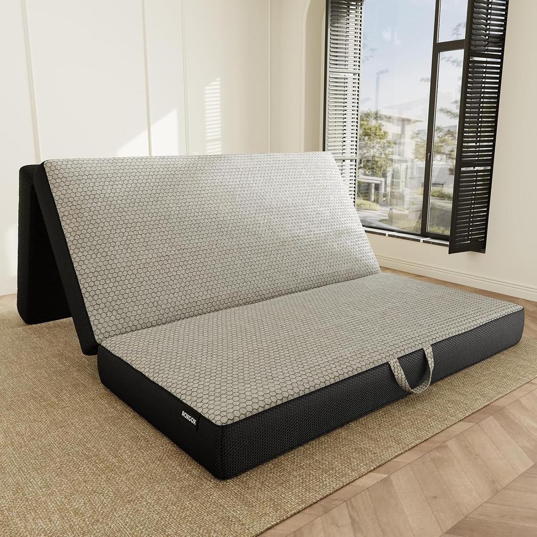ROXGOX Memory Foam Trifold Mattress - King Portable Floor Bed 6 Inch, Foldable Mat with Washable Cover, Handle & Non-Slip Bottom, for RV, Travel, Camping, Yoga, 80"x76"x6"