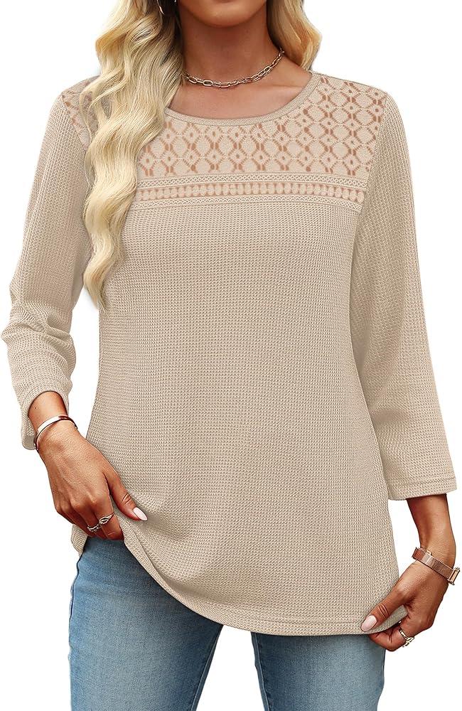 OFEEFAN 3/4 Length Sleeve Womens Tops Spring Fall Fashion 2026 Dressy Casual Blouses Lace Trendy Waffle Knit Shirts, Medium