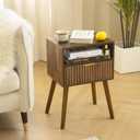 Fultyle Walnut Nightstand, Wooden Bedside Table with Fluted Drawers and Open Shelf, Night Stand Wood for Bedroom, Dorm and Small Space (Rustic Brown)