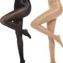 MANZI Shiny Pantyhose for Women 2 Pairs Shimmer Sheer Tights Ultra Silky (Small-Medium, Black/Natural Nude)