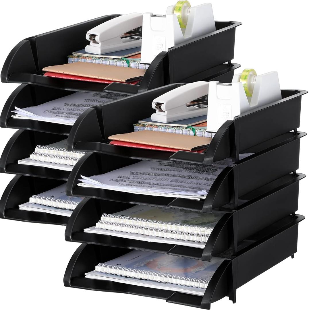 Fainne 8 Pcs Stackable Paper Trays Organizer for Desk 8 Layer Stackable Letter Trays Plastic File Organizer Tray and Stacking Supports for File Storage, 13 x 10 x 2.76'' (Black)