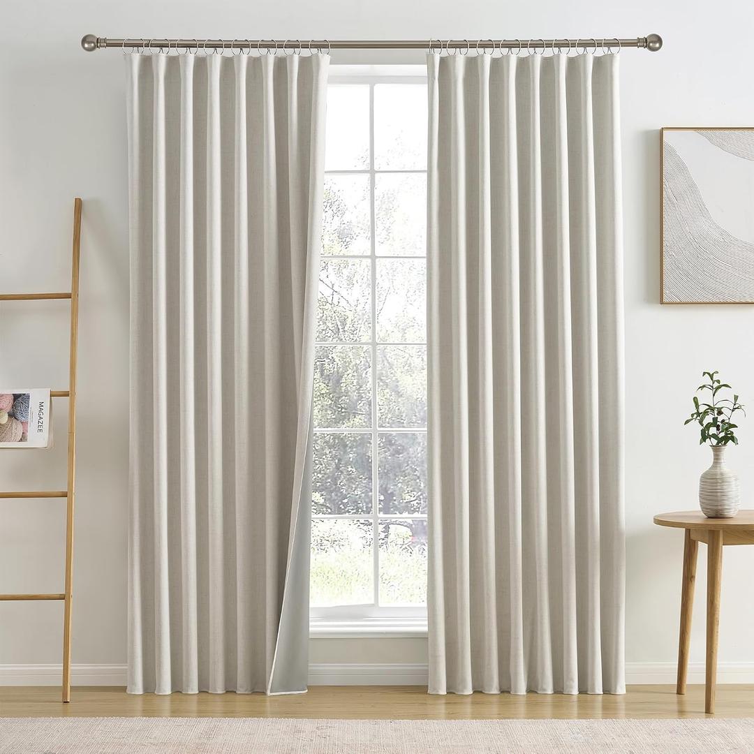 RAIN CITY 92 Inch Long Black Out Curtains 2 Panels Custom Drapery Neutral Blackout Pleated Ceiling Track Curtain for Dining Room Linen Textured Back Tab with Hooks 50"x92"