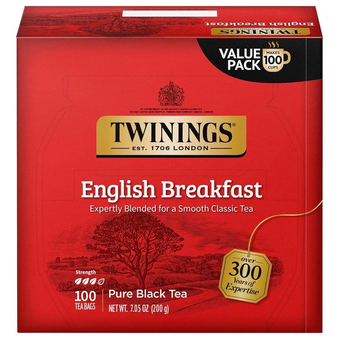 Twinings English Breakfast Black Tea Individually Wrapped Bags, 100 Count (Pack of 1), Smooth, Flavourful, and Robust, Caffeinated, Enjoy Hot or Iced, 100 Teabags 

Best By 09/Mar/2028