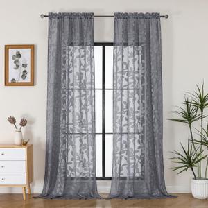 OVZME Grey Sheer Curtains 96 inches Long 2 Panels for Living Room, Jacquard Clip Leaf Pattern Textured Light Filtering Window Semi Sheer Voile Drapes for Bedroom, Each Panel 42 x 96 Inch
