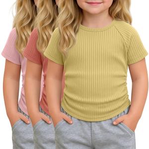 3 Pack Toddler Girl Shirts Baby Girl Cotton Basic Tee Cute Ribbed T-Shirt Kids Short Sleeve Tops Clothes Ages 18M-5T (Yellow)