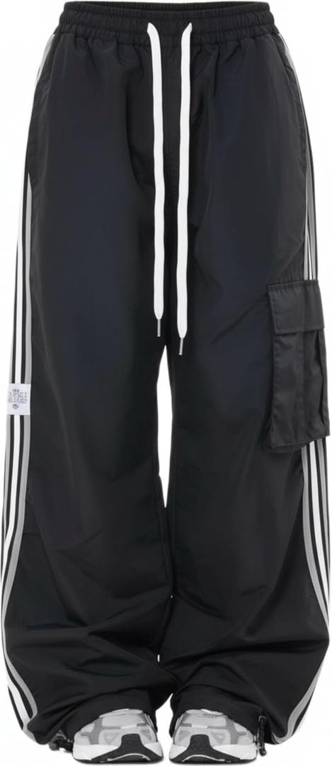 Cargo Parachute Pants Baggy Sweatpants for Women Drawstring Hip Hop Wide Leg Trousers Casual Joggers Y2k Streetwear (Black), 2XL