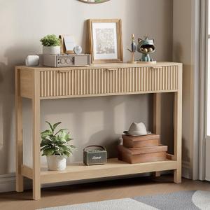 Nasonet Fluted Console Table, Wooden Sofa Table with Storage and Drawers, Farmhouse Behind Couch Table Entryway Table for Entrance, Hallway, Living Room, Oak, 43 inches x 11.8 inches x 31.5 inches
