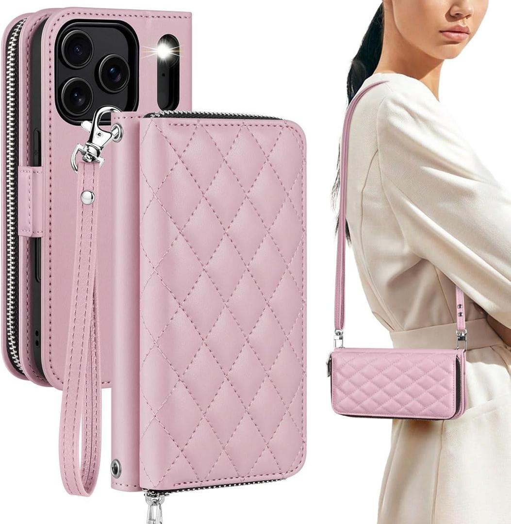 OCASE for iPhone 17 Pro Crossbody Wallet Case - Stylish PU Leather Handbag Phone Purse with Zipper Closure, Card Slots & RFID Blocking - Wrist Strap, Lanyard, Kickstand - Diamond Check Pink