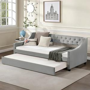 Bellemave Twin daybed, Twin Corner Bed, Upholstered Bed Frame with a Twin Trundle for Kids,Teens,Adults, Velvet, Gray