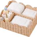 Rattan Diaper Caddy with Divider, Wicker Scalloped Baby Basket